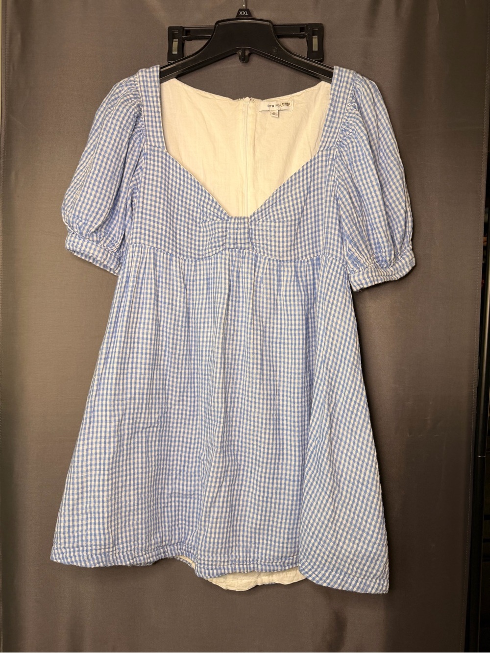 Women’s Blue Gingham Mini Dress with Puff Sleeves